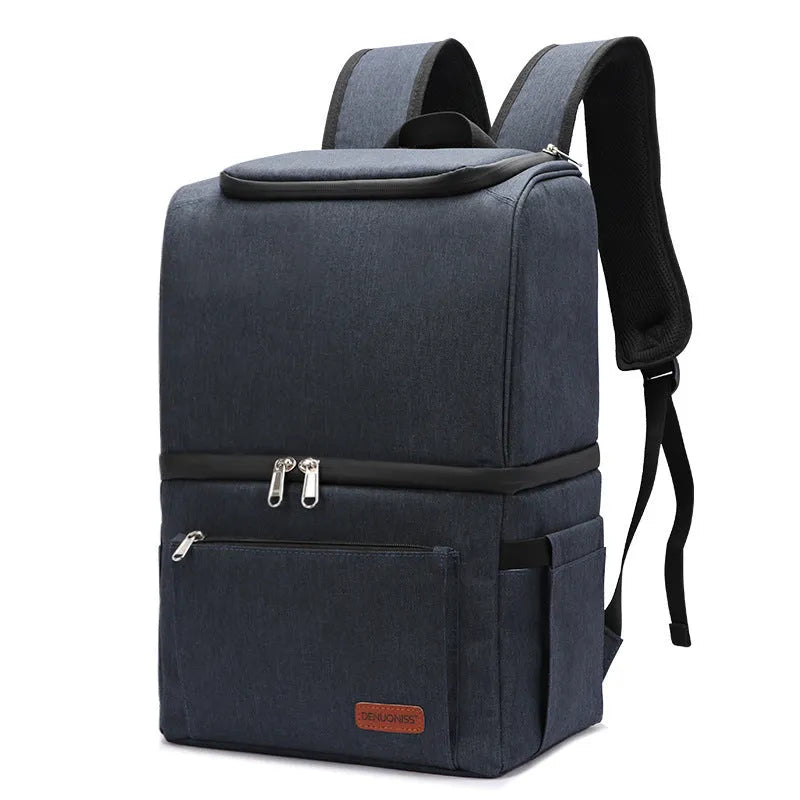 Blue insulated waterproof picnic backpack with double-layer construction and ice pack compartment