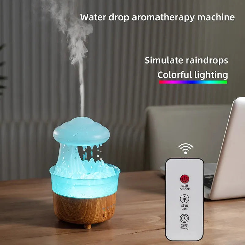 Rain cloud shaped humidifier with wood grain finish emitting mist and glowing with LED light