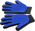 Blue pet grooming gloves with silicone tips for dog and cat hair removal during brushing and bathing