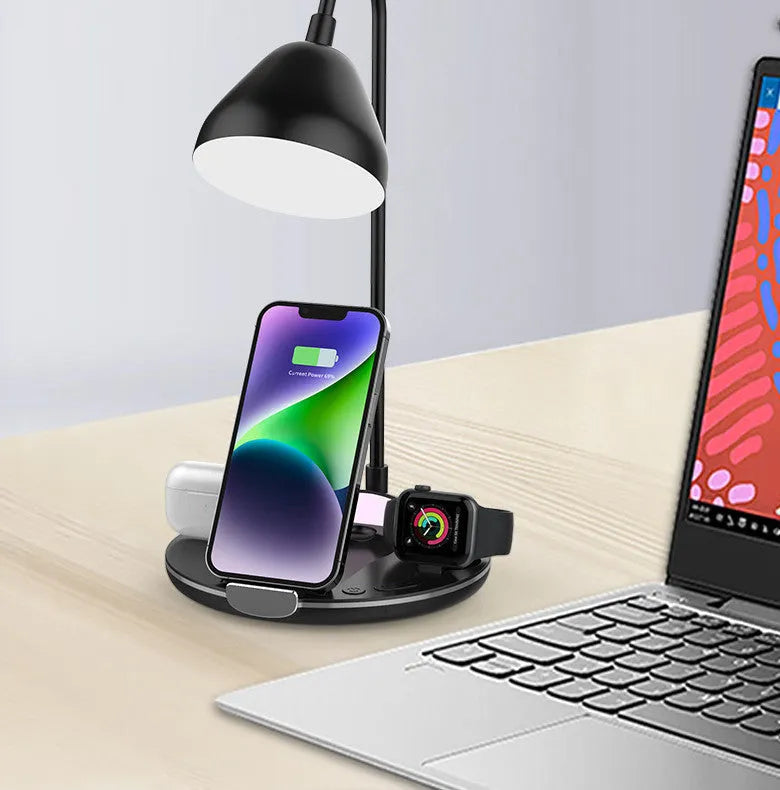 Folding magnetic wireless charger in black or white showing unfolded charging position