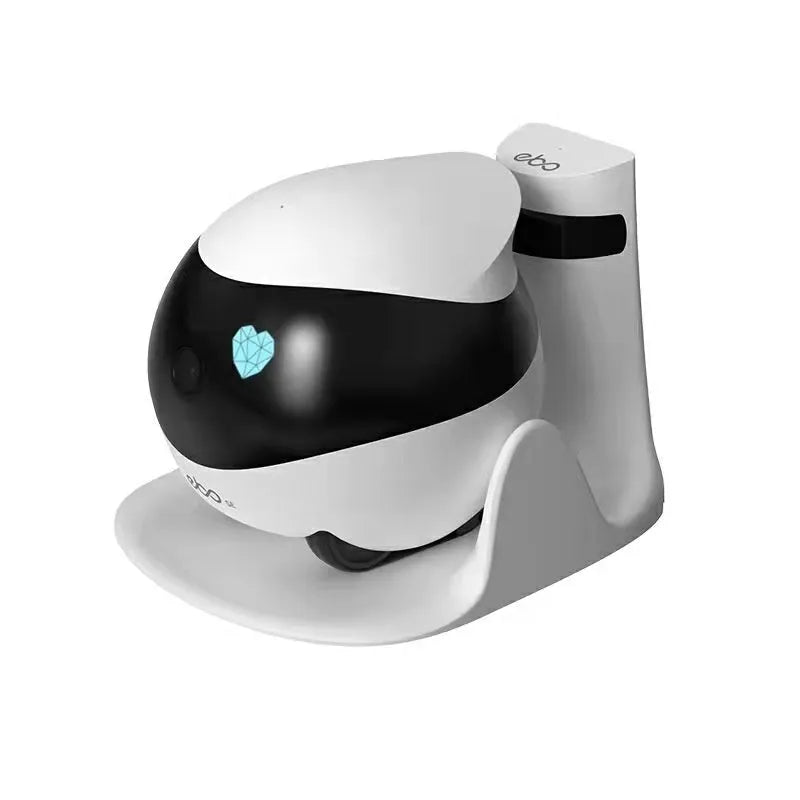 White smart home mobile surveillance robot camera with automatic docking station