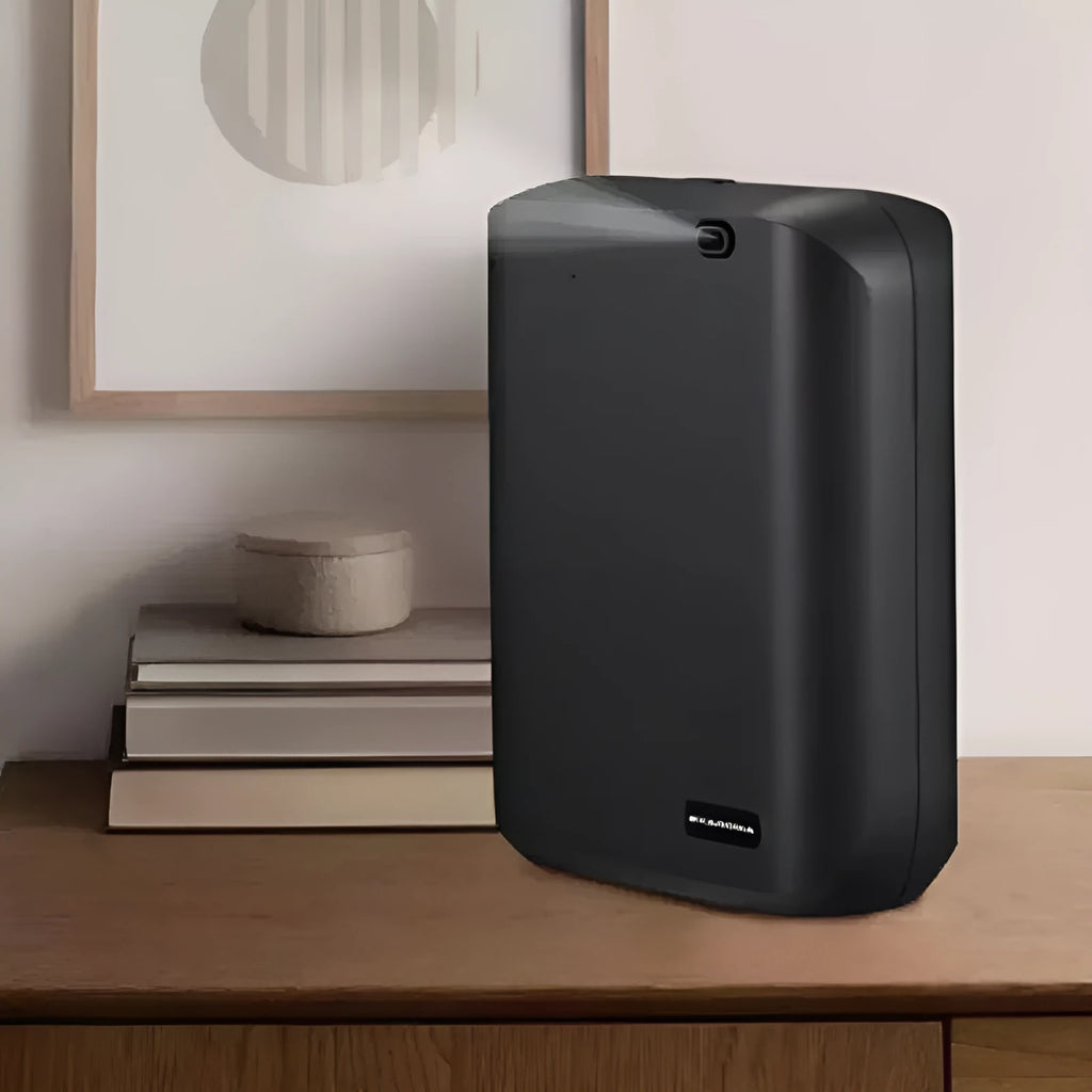 White smart wall mount essential oil diffuser with 150ml tank and app control on smartphone