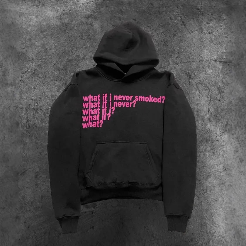 Black hooded sweater with white letter print design, modelled on person