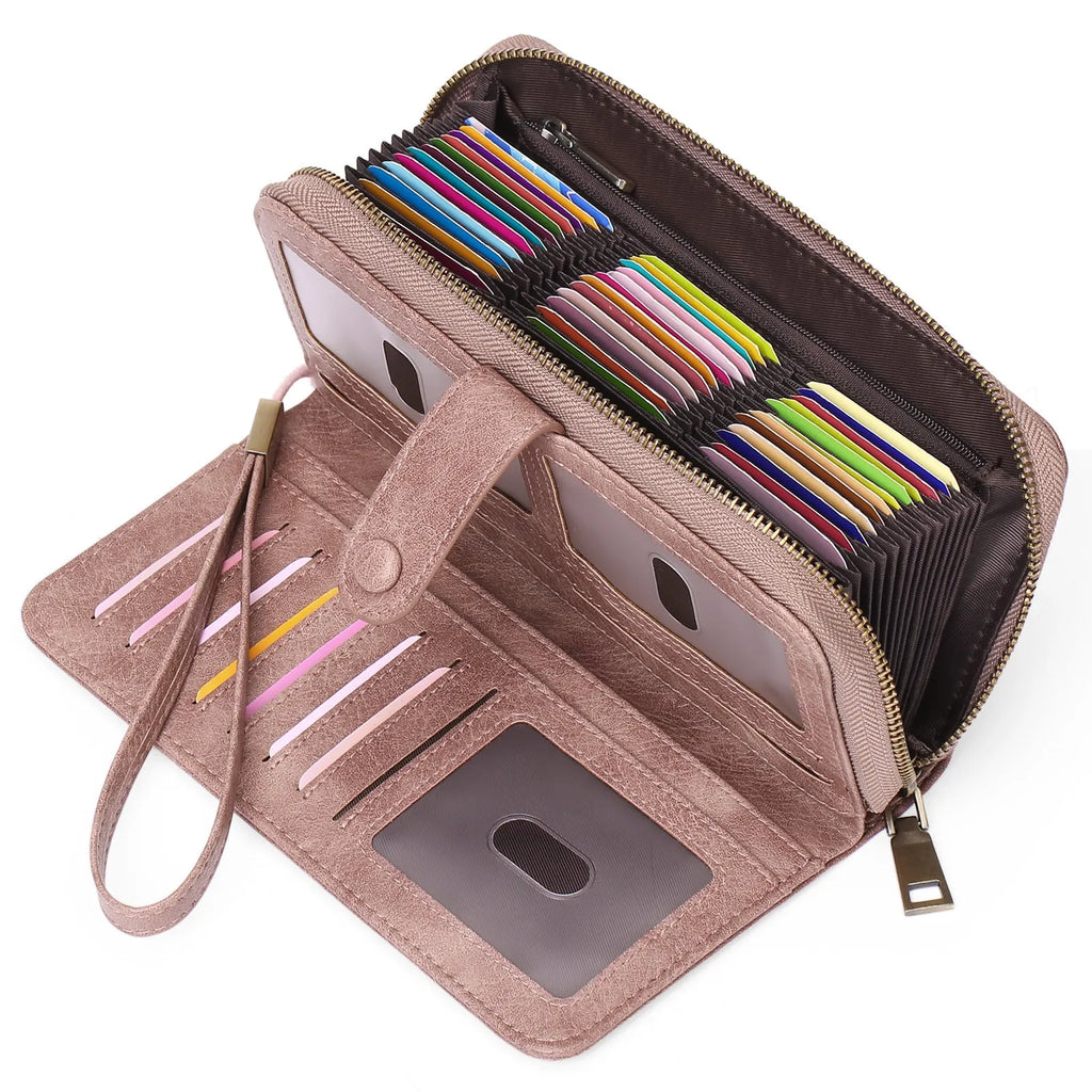 Expanding card holder women long wallet passport bag in light brown PU leather with anti-theft feature