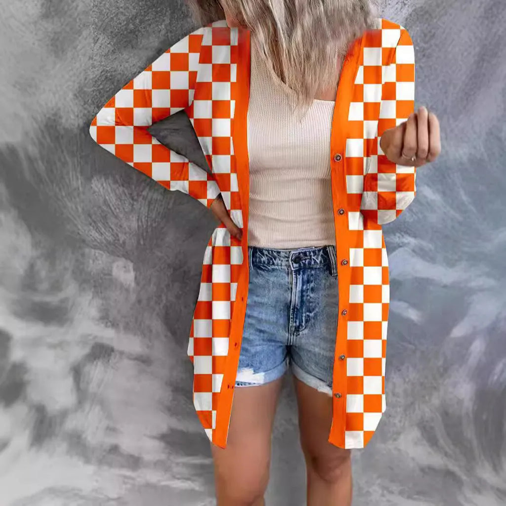 Women's long plaid contrast colour knitted cardigan coat in loose fit street fashion style