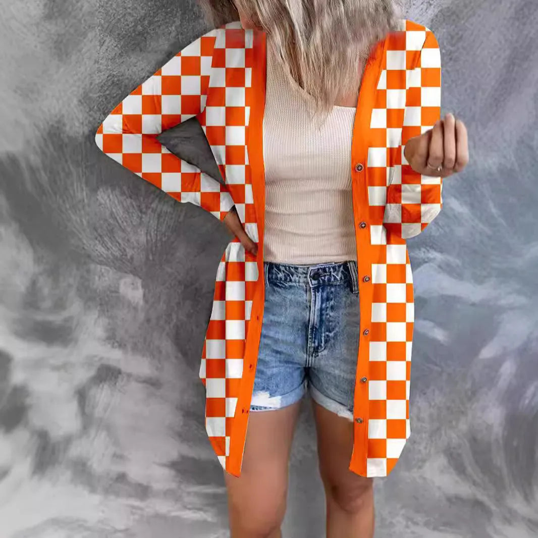 Women's long plaid contrast colour knitted cardigan coat in loose fit street fashion style