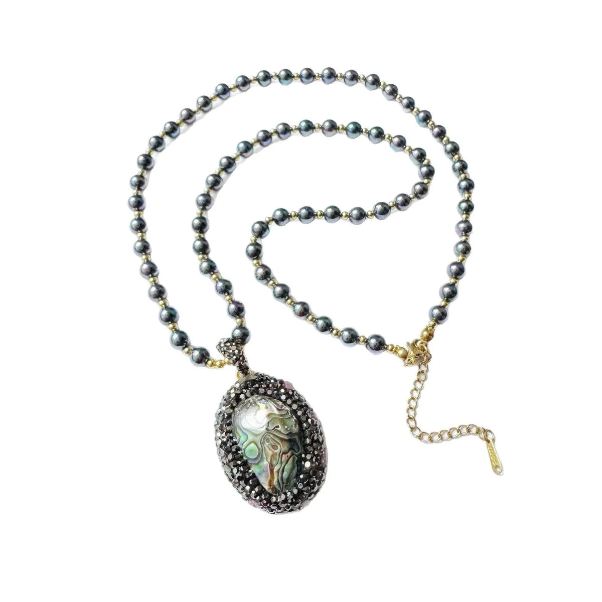 Natural abalone shell oval pendant necklace with black stone beaded chain and 60+5cm vintage colour finish