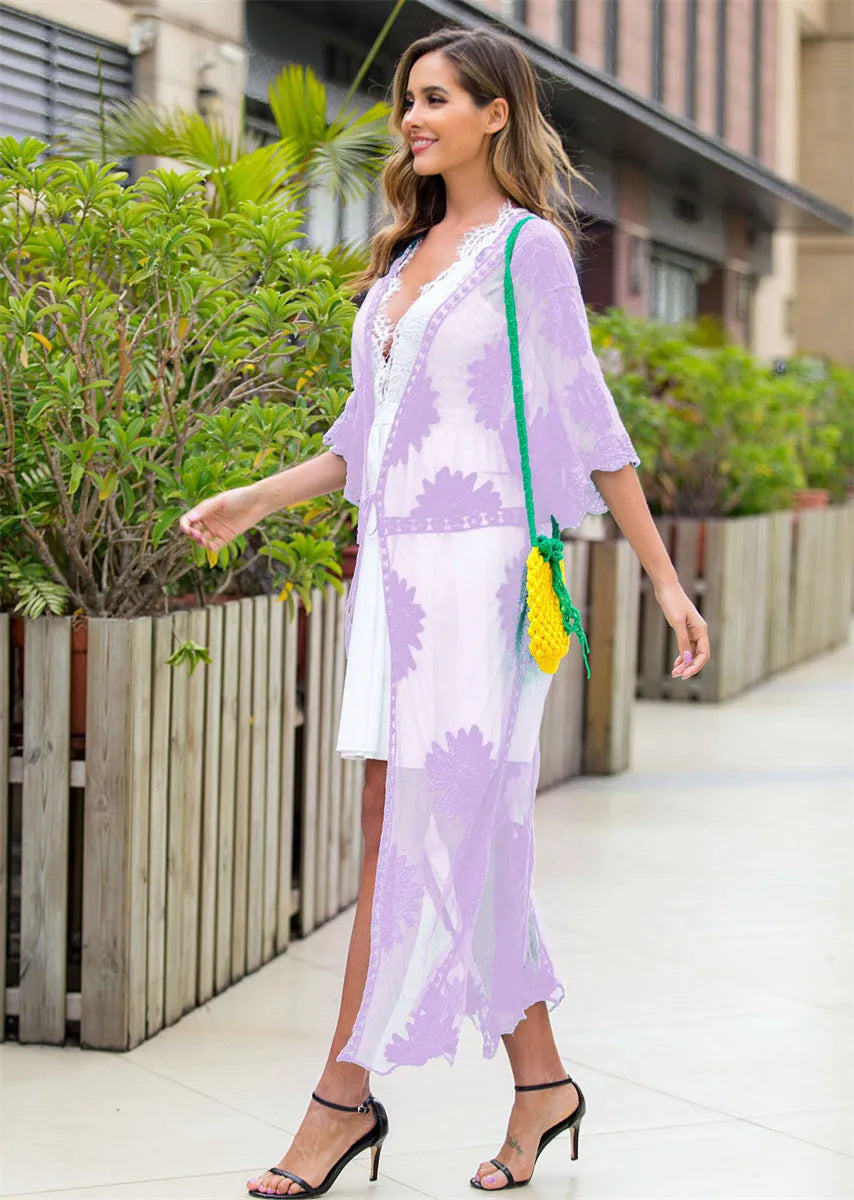 Light purple beach cardigan dress with lace embroidery detail for women's swim cover-up
