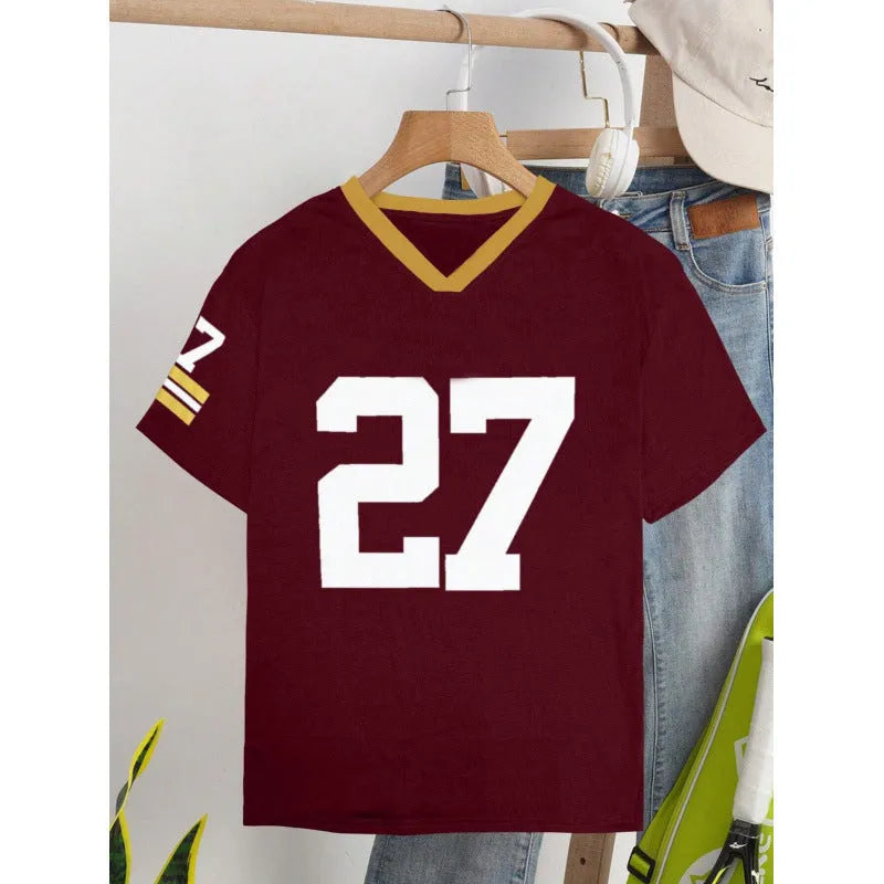 Loose fit casual cotton T-shirt with digital letter printing in red or green colour options