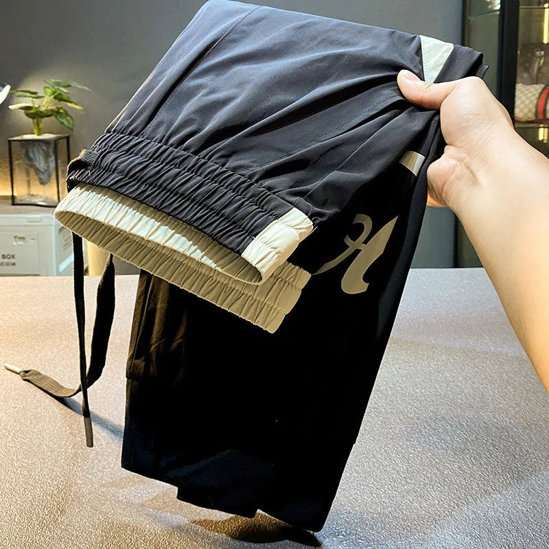 Men's black ultra-thin ice silk ankle banded cropped trousers casual cotton pants