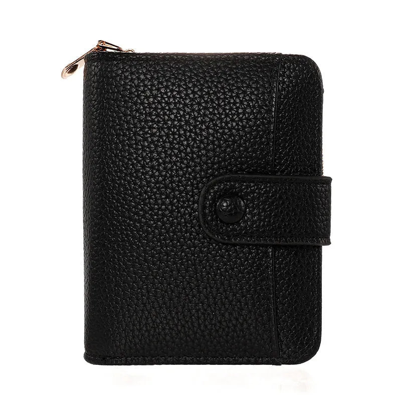 Women's short wallet in breathable PU leather with antibacterial function and sewing thread detailing