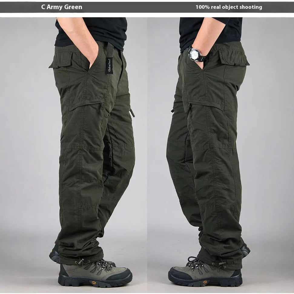 Men's thickened cotton overalls with wool lining in khaki, black, and army green colors