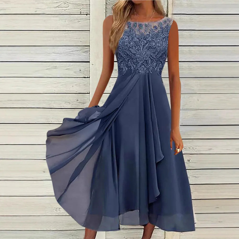 Women's sleeveless mid-length dress with lace hollow-out stitching in blue, green, or purple polyester fabric