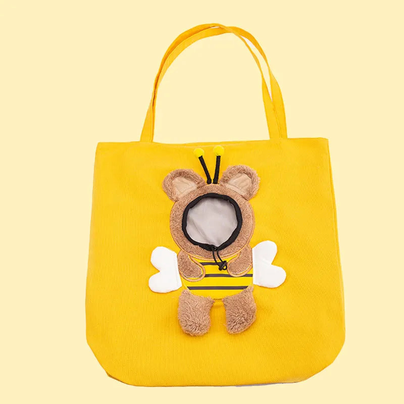 Canvas pet carrier bag with animal patterns, showing safety zippers and an elastic side opening.