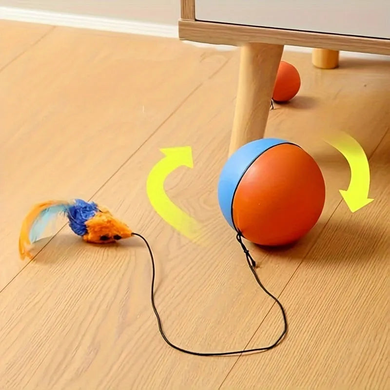 Blue and orange interactive cat toy ball with plush mouse attachment