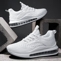 Men's low-top black breathable mesh running sneakers with white rubber sole on a solid background.