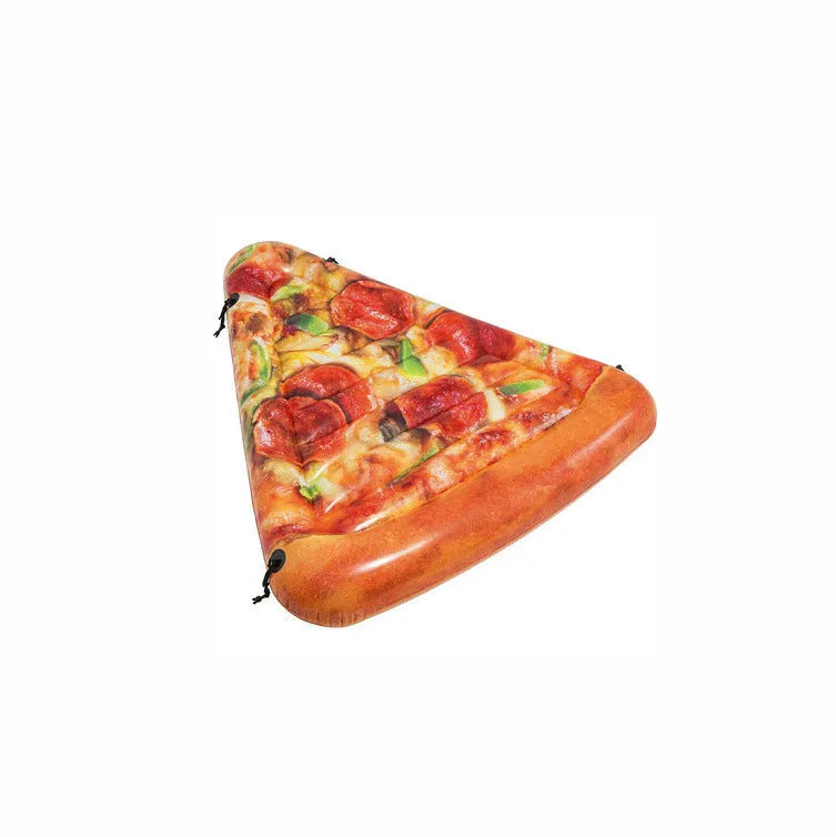 Large inflatable pizza-themed surfboard recliner floating on water, showing its 175cm length.