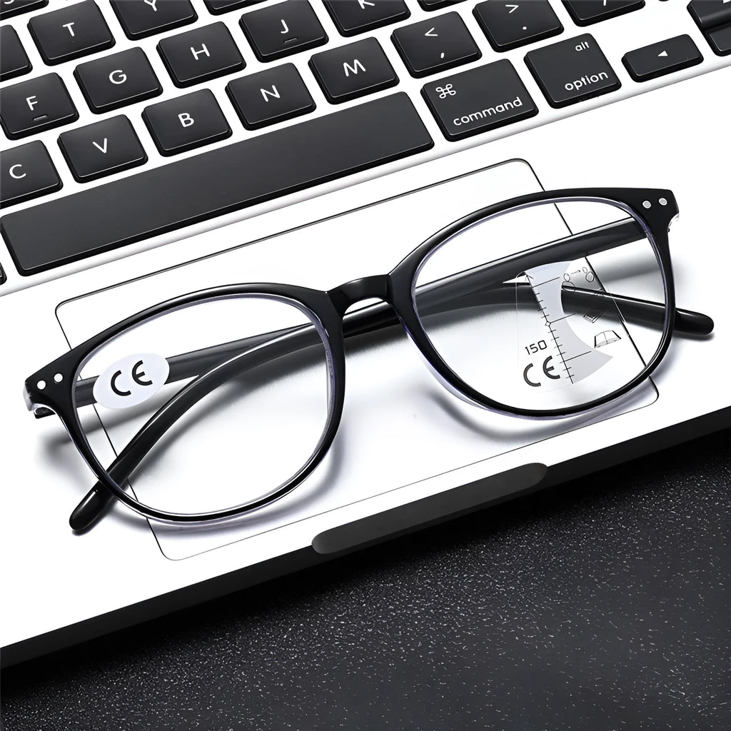Women's multi-focus presbyopic glasses with ultra-light frames in black focus colour