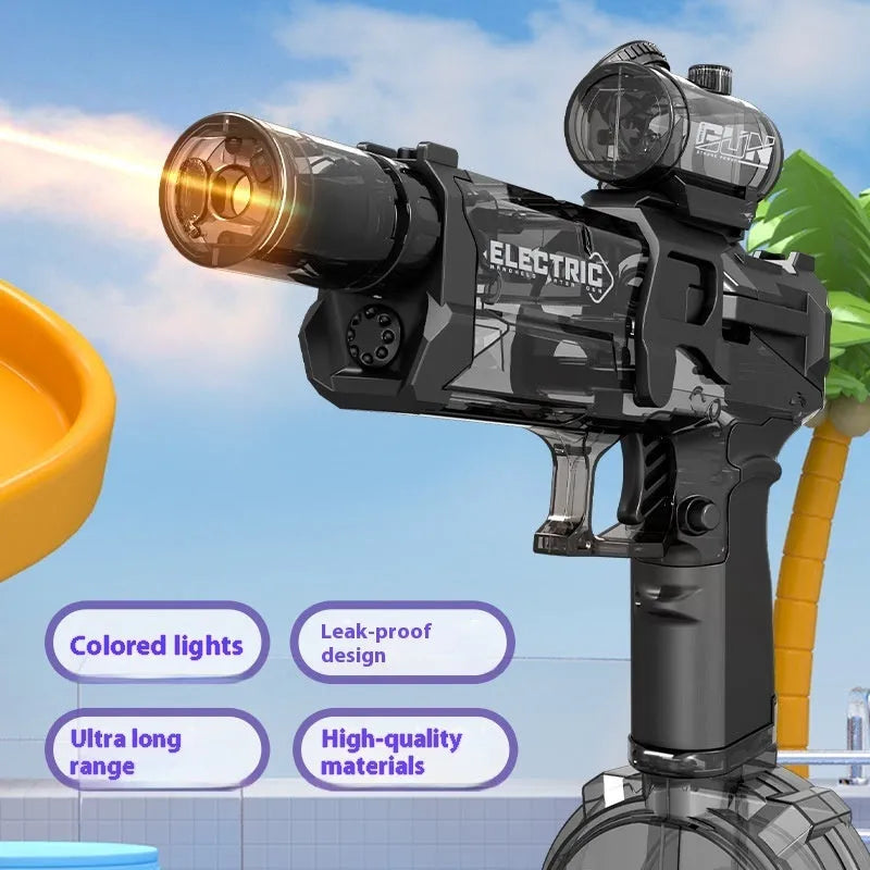 Black and blue automatic electric water pistol with LED lights, shown ready for a summer water fight.