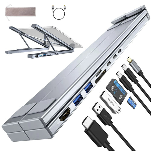 Aluminium folding laptop stand with integrated 8-in-1 docking hub showing ports and 0.6m cable