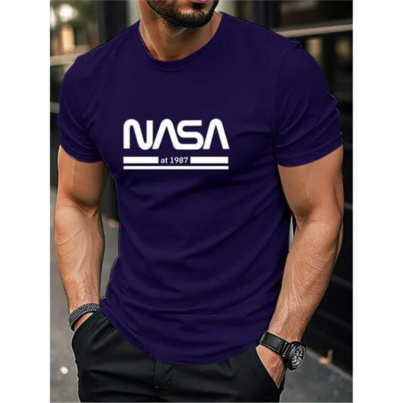 Men's slim-fit short sleeve cotton t-shirt in solid colour with printed letter design available in multiple sizes