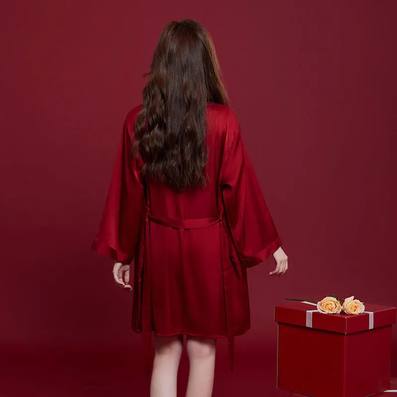 Red ice silk wedding dowry sleepwear set for couples with long sleeves and trousers