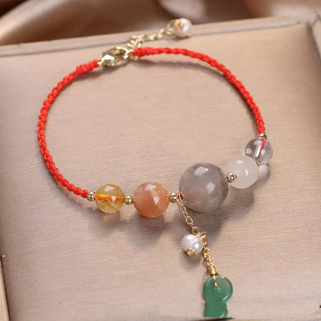 Hand-woven peace buckle bracelet with crystal beads and sequins in red, green, or blue colour options