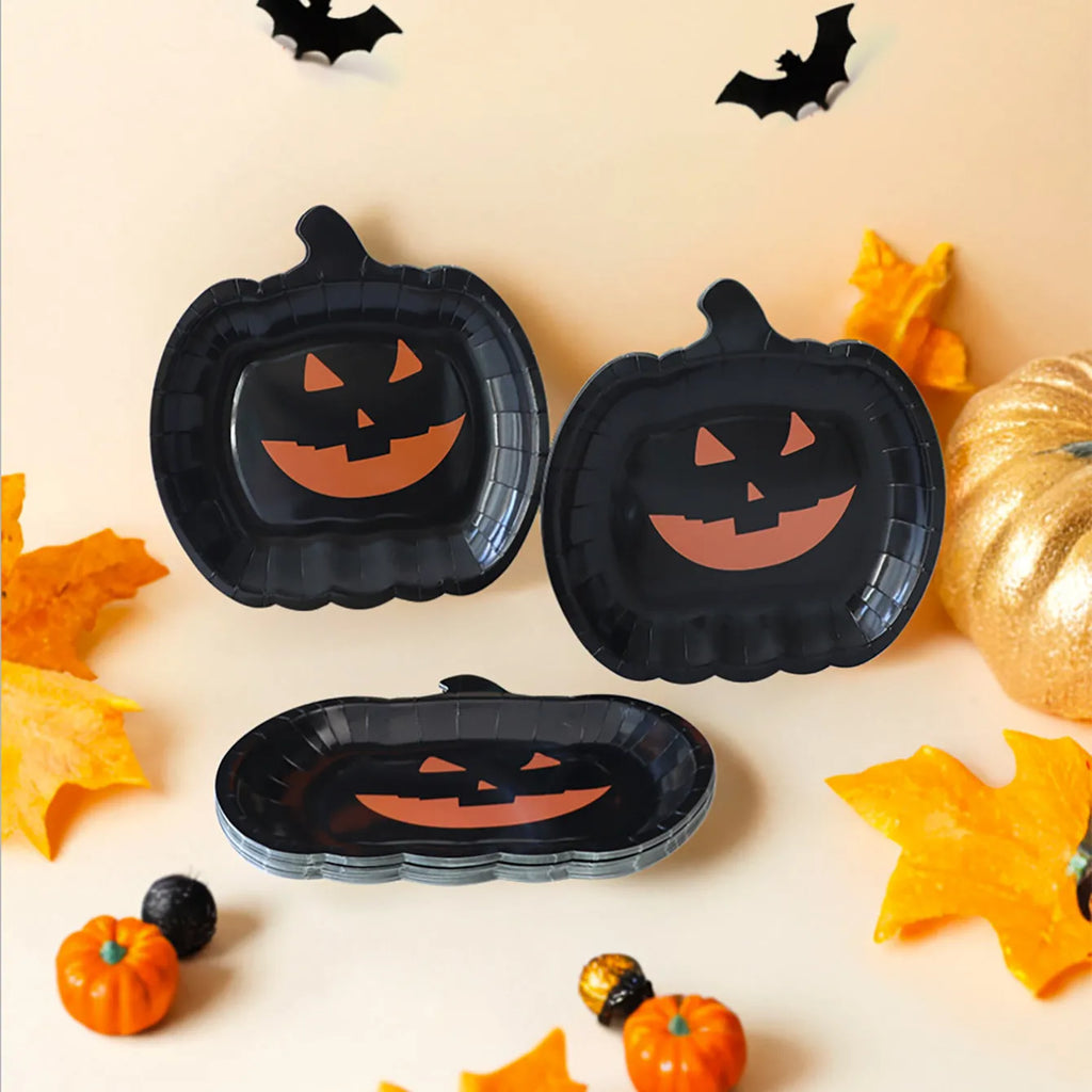 Black Halloween pumpkin design paper plates in 9-inch size showing thickened disposable construction