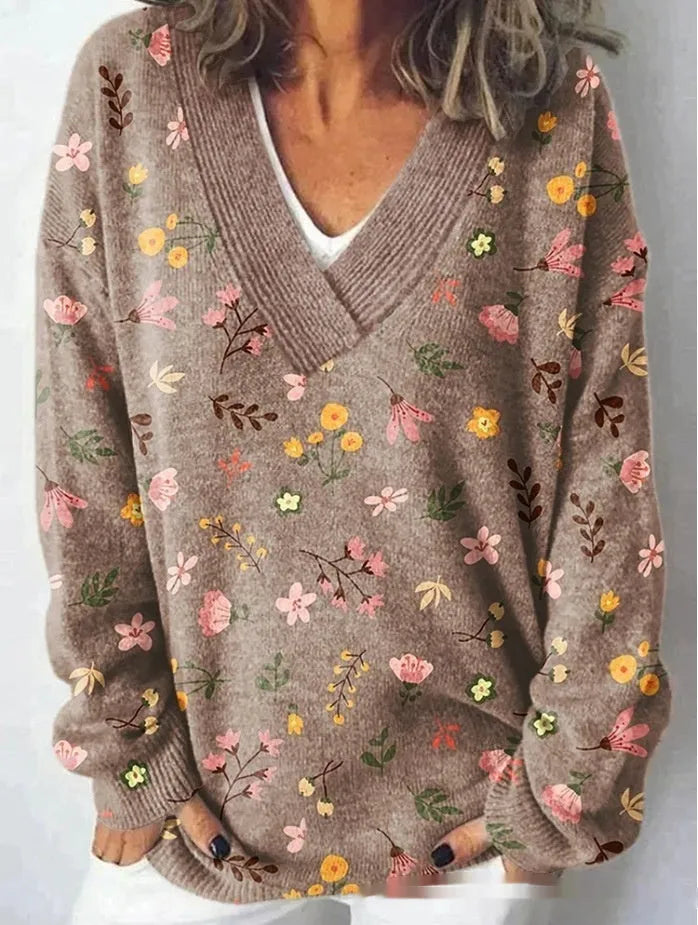Women's long sleeve floral print sweatshirt with 3D effect in wool woven polyester fabric