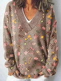 Women's long sleeve floral print sweatshirt with 3D effect in wool woven polyester fabric