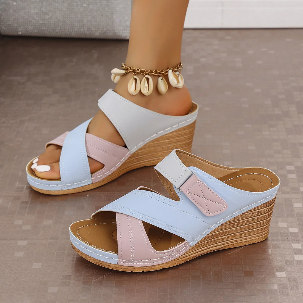 Women's Velcro-fastening platform wedge slippers in a two-tone colour combination with a fish mouth toe design.