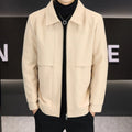 Casual men's polo collar jacket in lightweight cotton blend fabric, shown in khaki and grey colours with side seam pockets