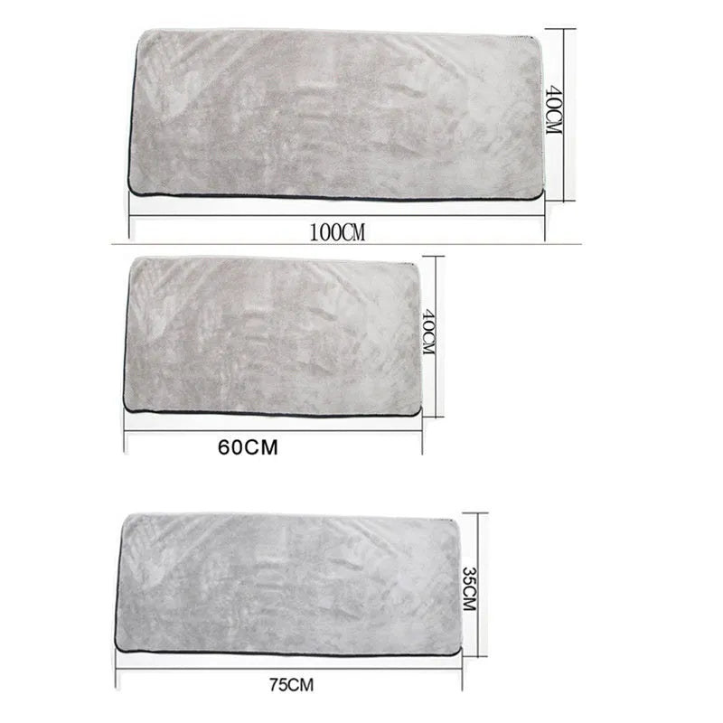 Three microfiber car wash towels showing size variations: 75x35cm, 60x40cm, and 100x40cm options