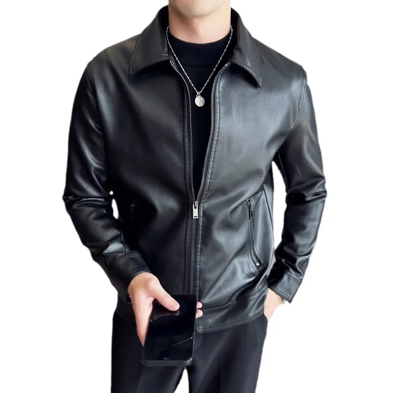 Black men's PU leather jacket with loose fit, zipper pockets, and windproof design for casual leisure wear