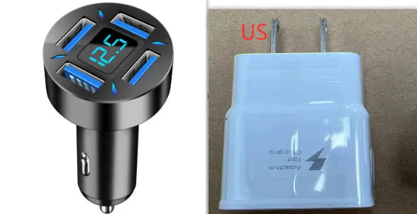 Black four-port USB car charger with LED digital display plugged into a vehicle socket.