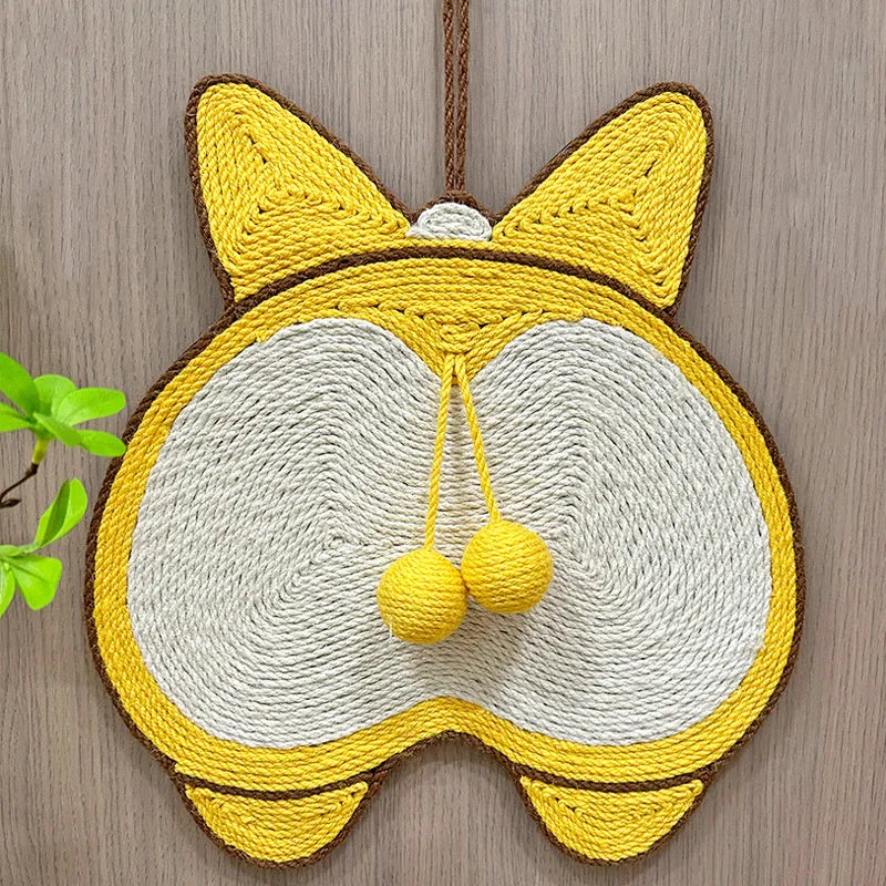 Yellow corgi butt design sisal cat scratching board with anti-slip base, shown with adhesive hooks.