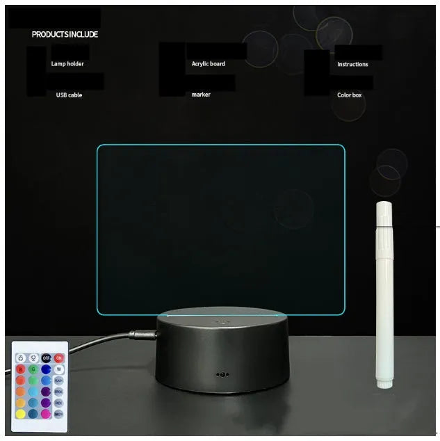 3D acrylic message board night light with remote control on a desk, showing 16 colour options.