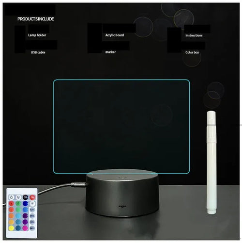 3D acrylic message board night light with remote control on a desk, showing 16 colour options.
