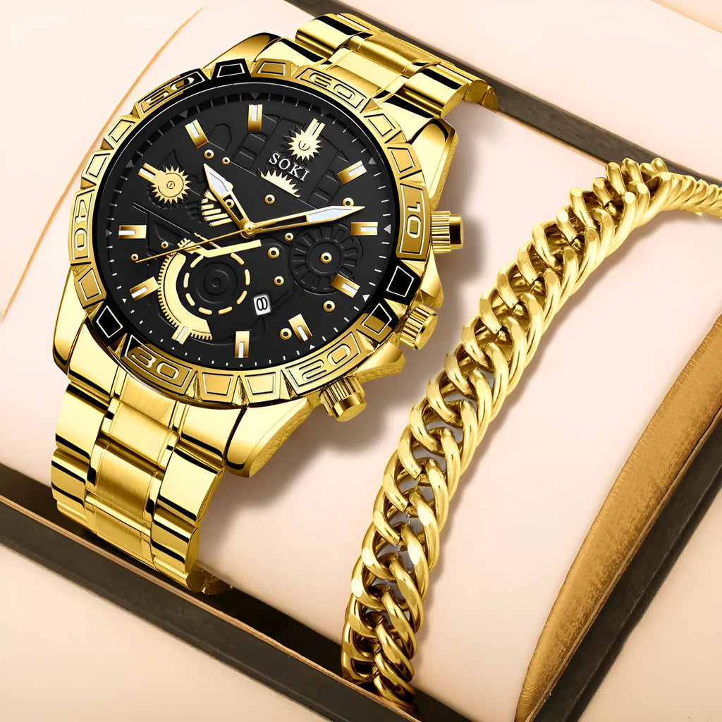 Men's gold-tone quartz watch with stainless steel bracelet and calendar display