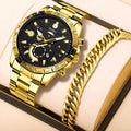 Men's gold-tone quartz watch with stainless steel bracelet and calendar display