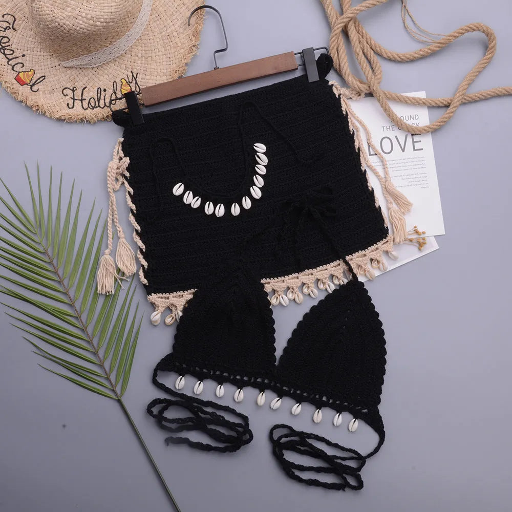 Women's handmade shell solid colour lace-up split swimsuit showing black, apricot, and white/apricot skirt colour options