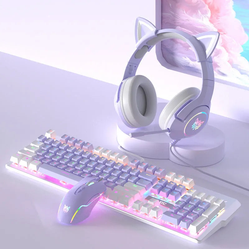 Purple and white mechanical keyboard and mouse combo set with backlit keys on desk