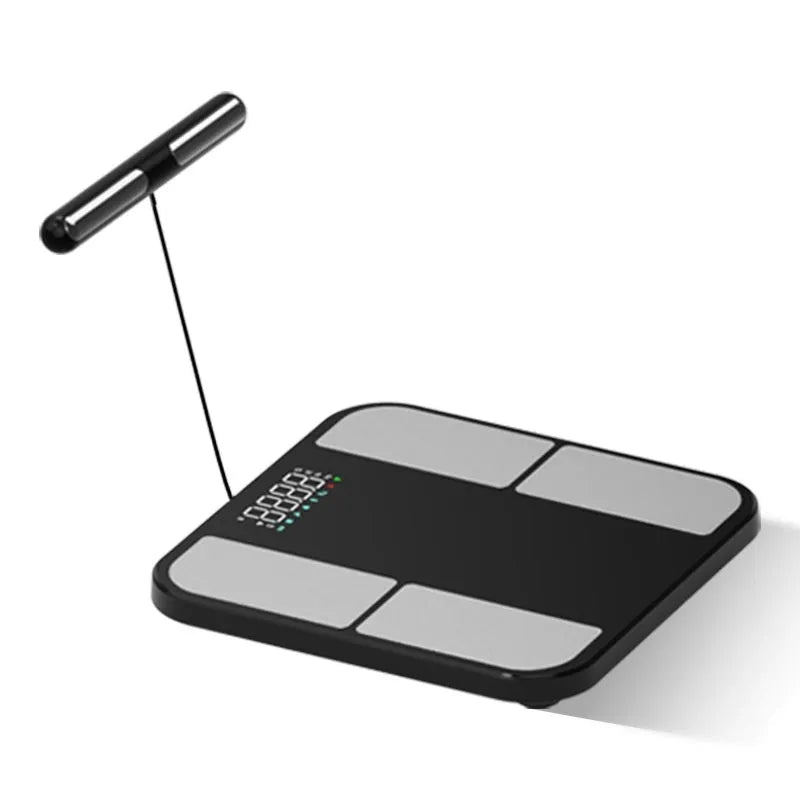 Black electronic body fat scale with tempered glass platform showing colour screen display