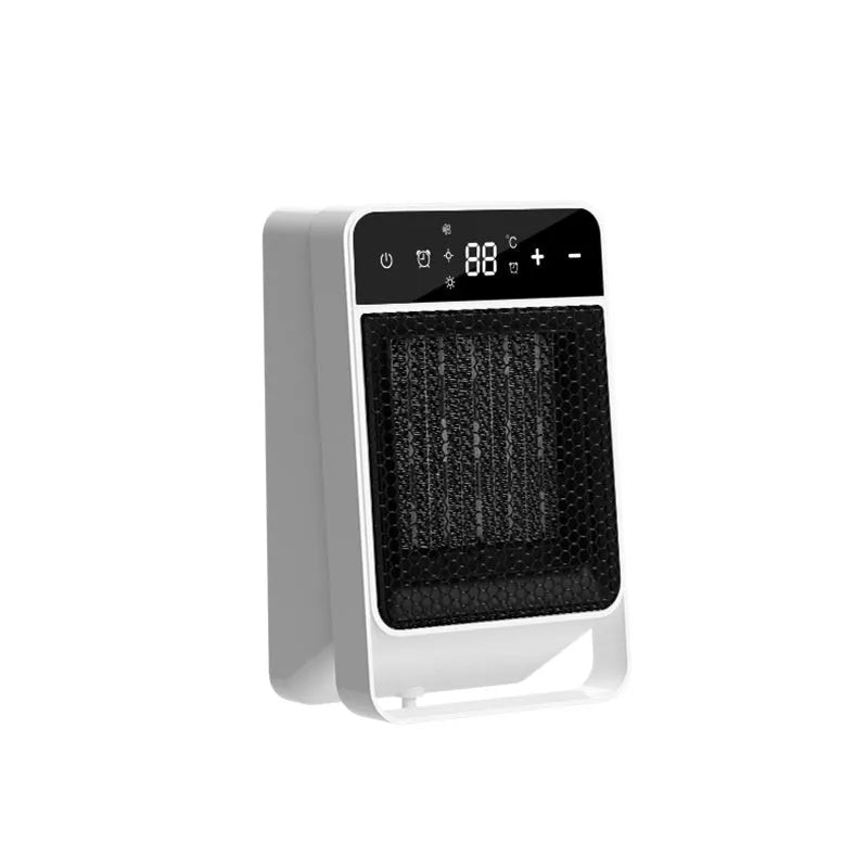 Black desktop warm air blower with digital touch screen display and remote control on wooden desk