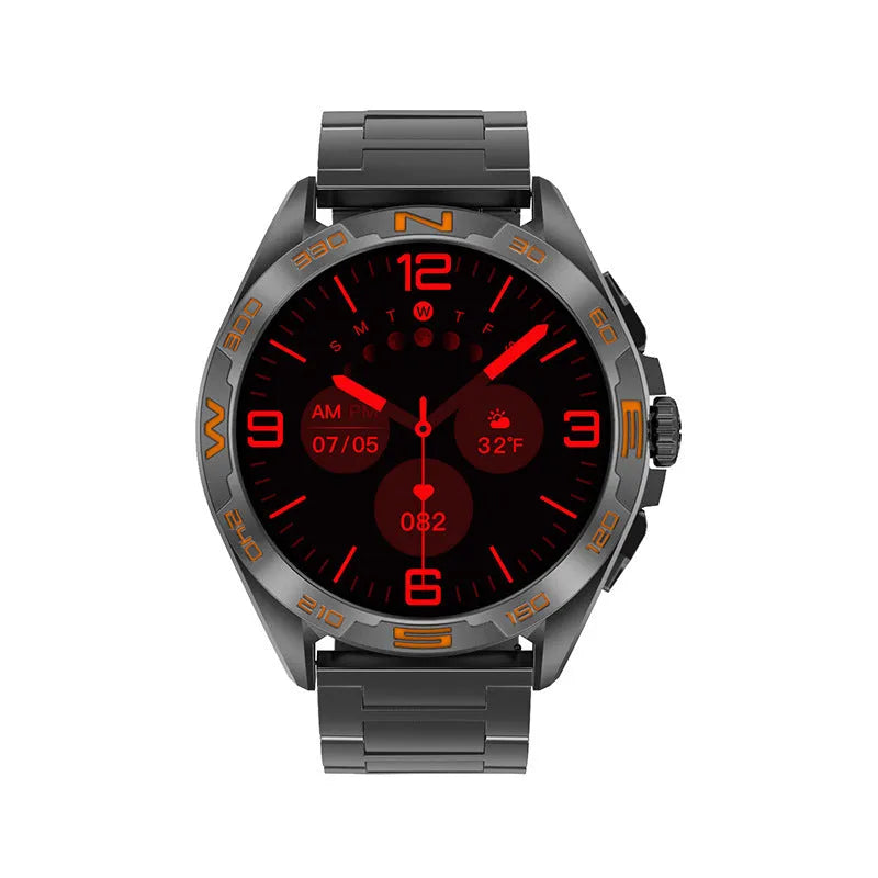 Men's smart watch displaying health metrics on screen, shown in black steel and silver colour variants.