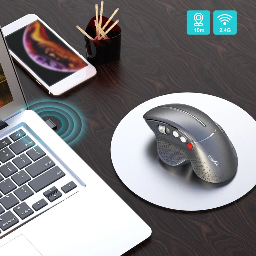 T32 Black and Silver wireless vertical ergonomic mouse with aluminium side roller on desk