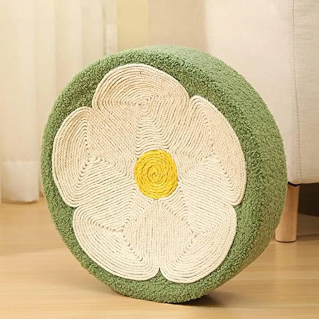 Green round bowl cat scratcher lounge bed with sisal scratching surfaces measuring 39cm diameter