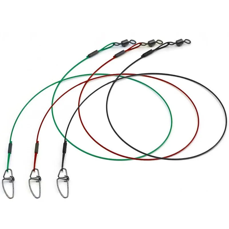 Set of ten green anti-bite steel wire fishing leaders with double buckle pins, each 54cm long.