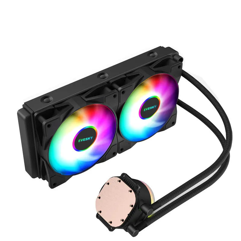 Aluminium CPU radiator with RGB fan, showing multi-angle adjustment and clean design for PC cooling.