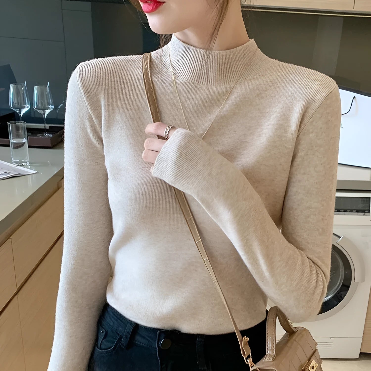Viscose fibre slim fit Western-style long sleeve top in apricot colour showing regular sleeves and pullover design